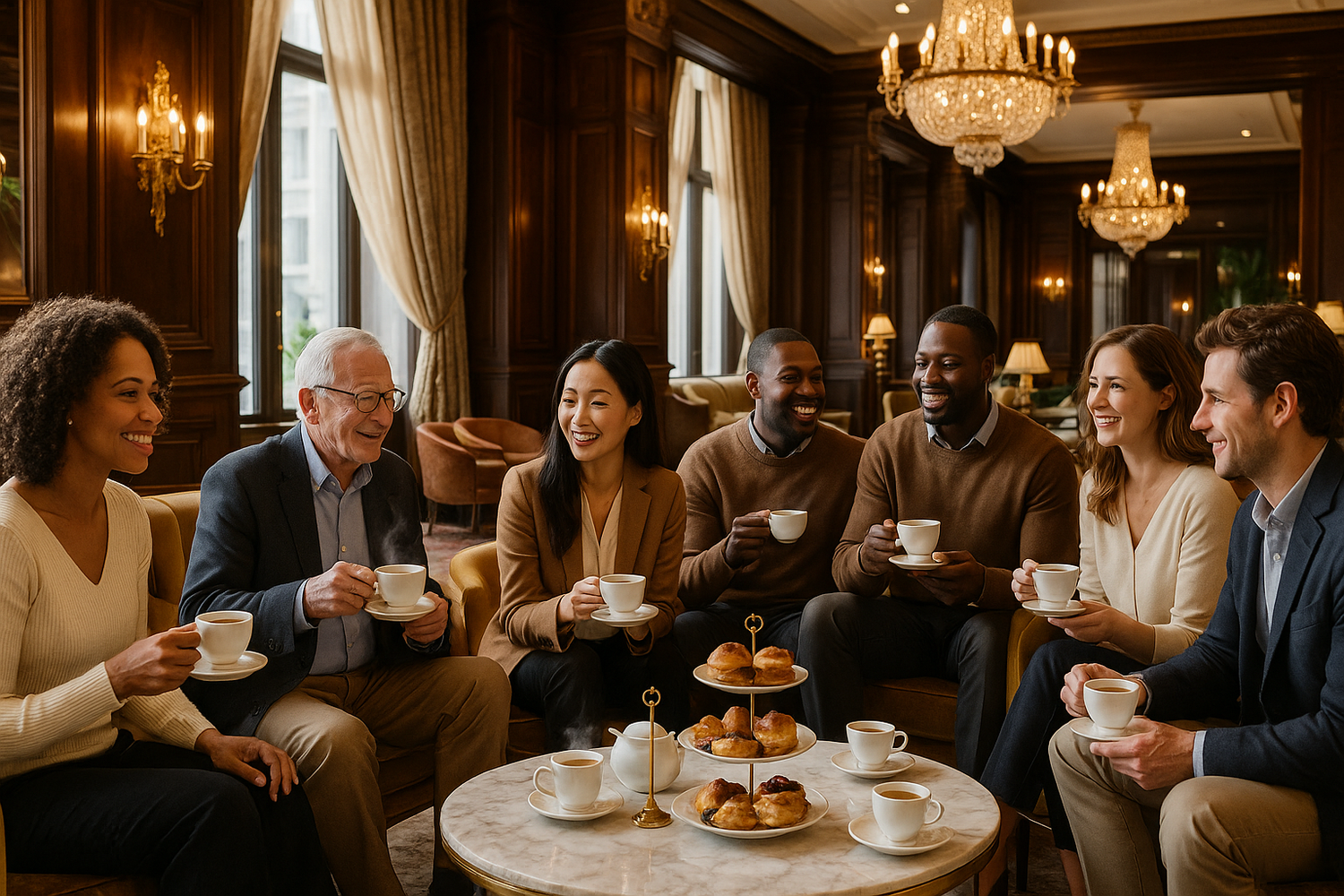 create a video of a diverse group of people drinking coffee in a luxury hotel
